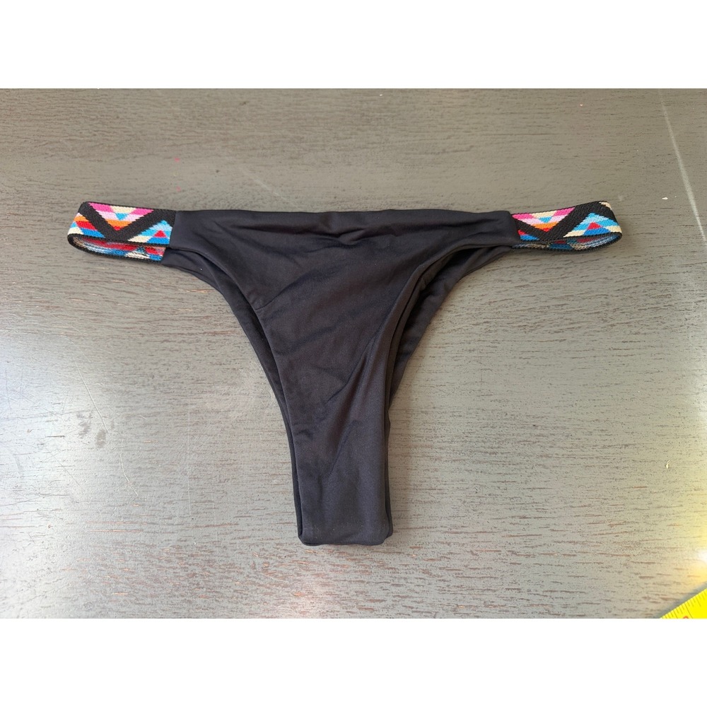 L*Space Itsy Cut Bikini Bottom Black Multi Color Geometric Straps Medium NEW
